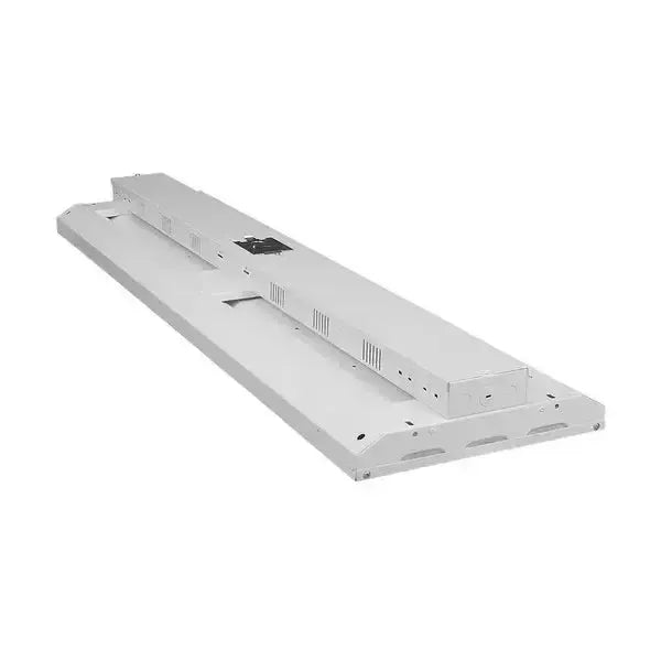 Angled view of CoreBay Series 4-foot LED linear high bay showing housing knockouts and central power entry point