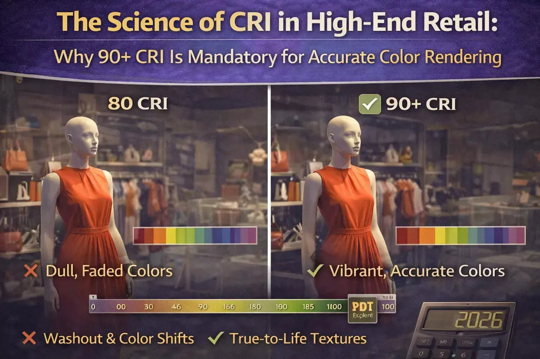 Side-by-side comparison of retail displays under 80 CRI and 90+ CRI lighting showing improved color accuracy, texture detail, and true-to-life appearance with high-CRI LED fixtures