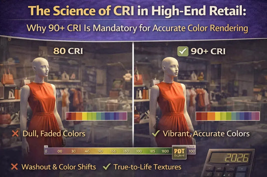 Side-by-side comparison of retail displays under 80 CRI and 90+ CRI lighting showing improved color accuracy, texture detail, and true-to-life appearance with high-CRI LED fixtures