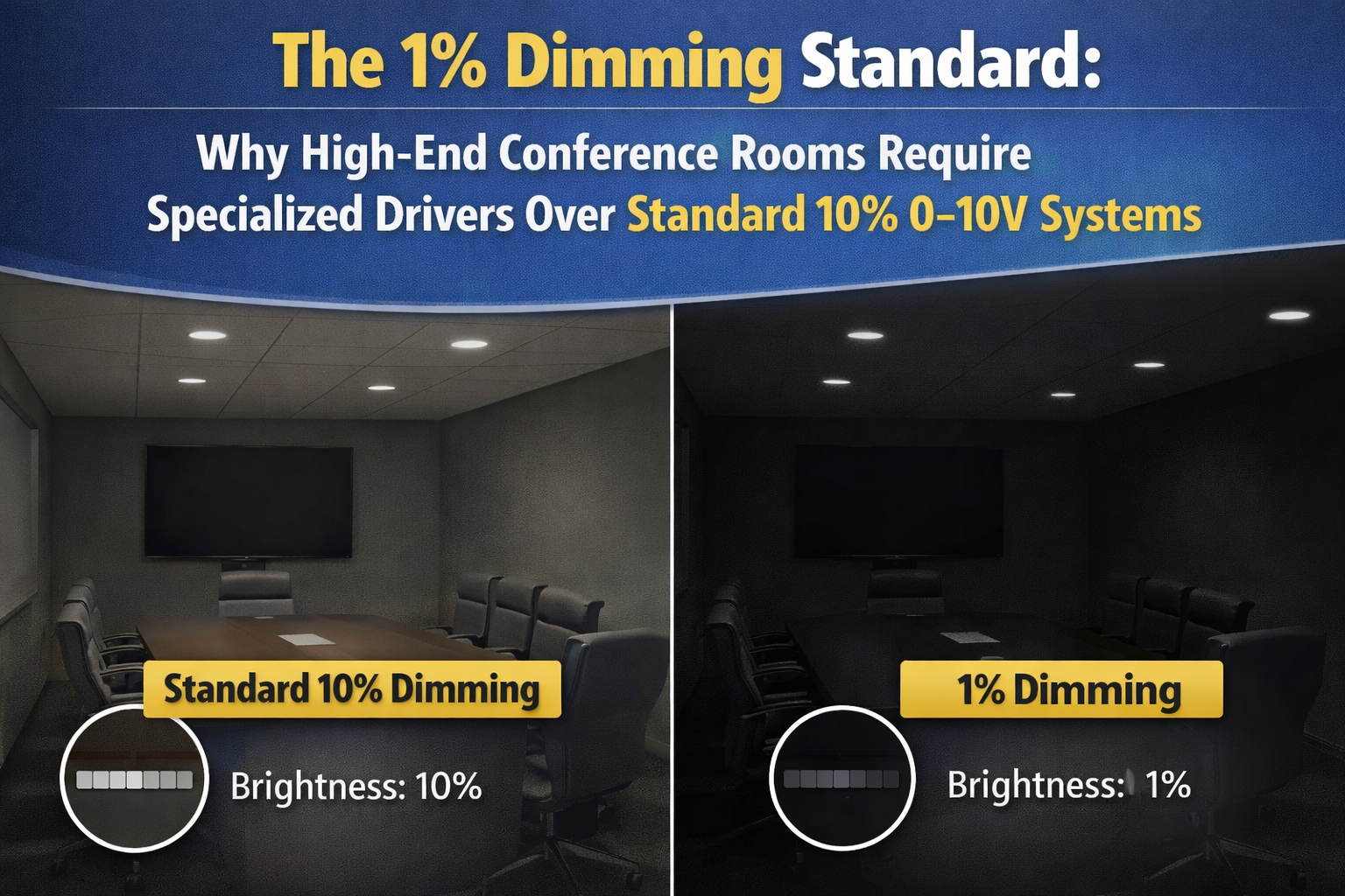 Visual comparison of standard 10% 0–10V dimming and true 1% dimming in a high-end commercial conference room using specialized LED drivers