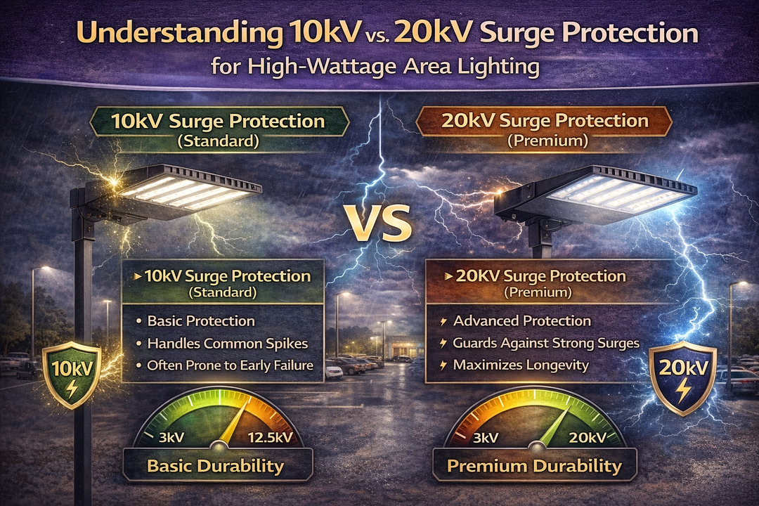 Comparison of 10kV and 20kV surge protection in high-wattage LED area lighting showing increased durability and protection against lightning and power spikes