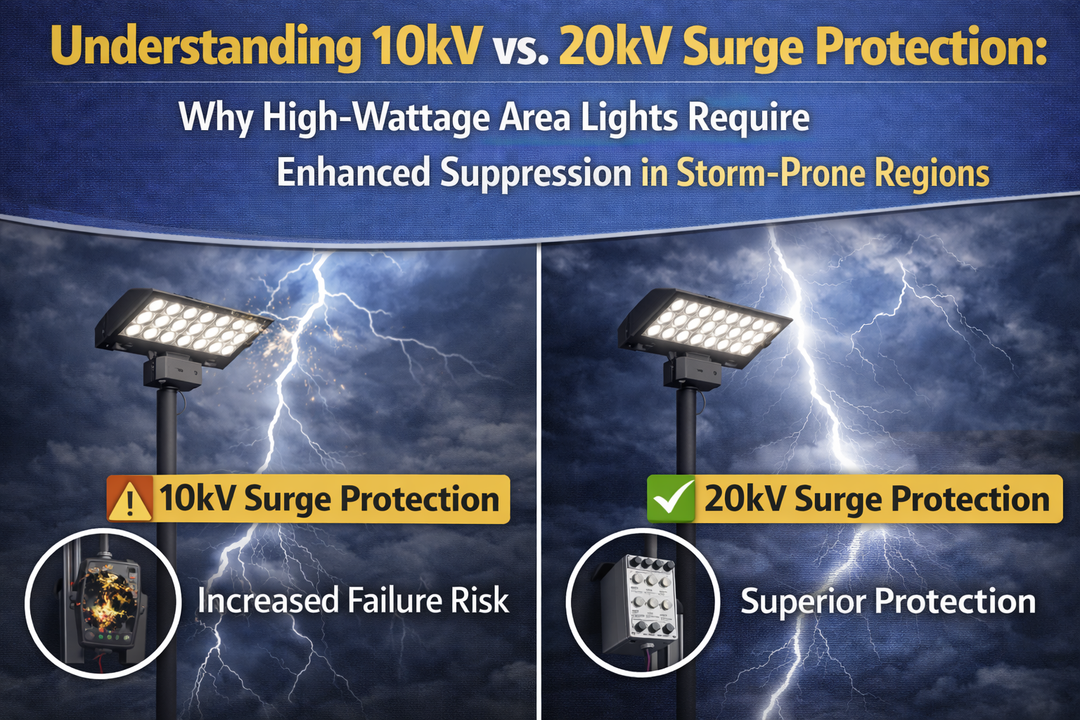 Comparison of 10kV and 20kV surge protection in high-wattage LED area lights showing enhanced suppression and reduced failure risk in storm-prone regions
