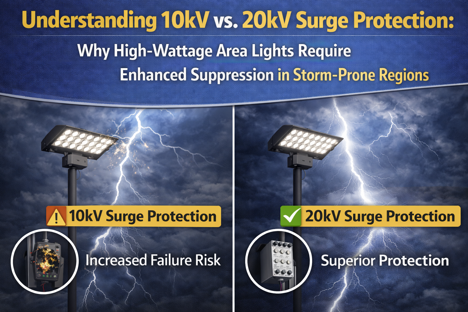 Comparison of 10kV and 20kV surge protection in high-wattage LED area lights showing enhanced suppression and reduced failure risk in storm-prone regions