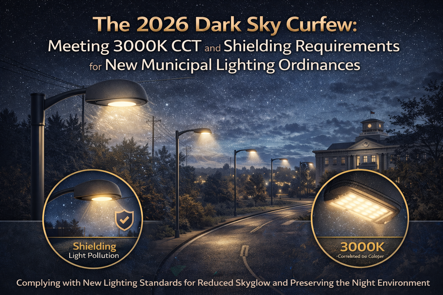 Dark Sky compliant municipal street lighting showing shielded LED fixtures with 3000K color temperature to reduce skyglow and meet new lighting ordinances.