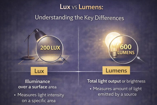 Infographic comparing lux and lumens, explaining the difference between illuminance on a surface and total light output