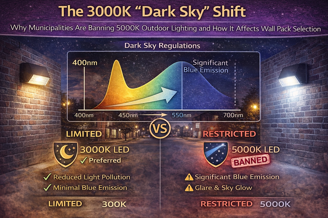 Dark Sky outdoor lighting comparison showing 3000K LED wall packs with reduced blue light emission versus restricted 5000K lighting, explaining why municipalities are banning higher color temperatures