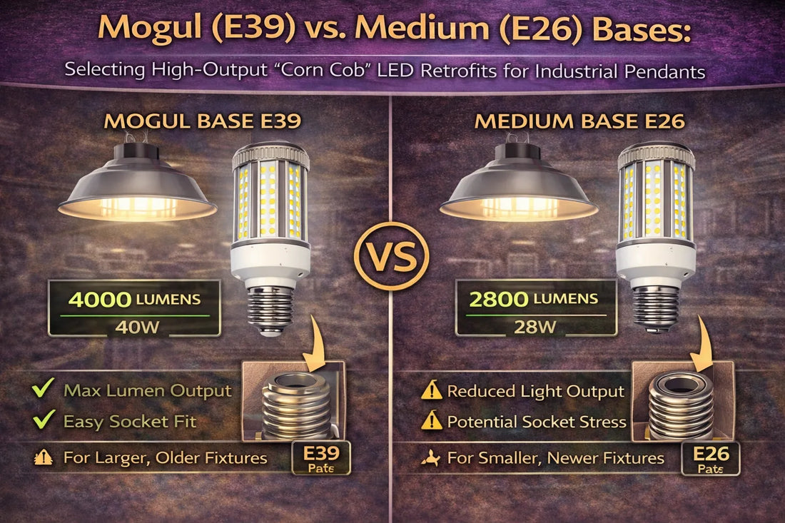 Industrial lighting comparison showing Mogul E39 versus Medium E26 LED corn cob retrofit bulbs, highlighting differences in lumen output, wattage, socket size, and suitability for high-output industrial pendant fixtures