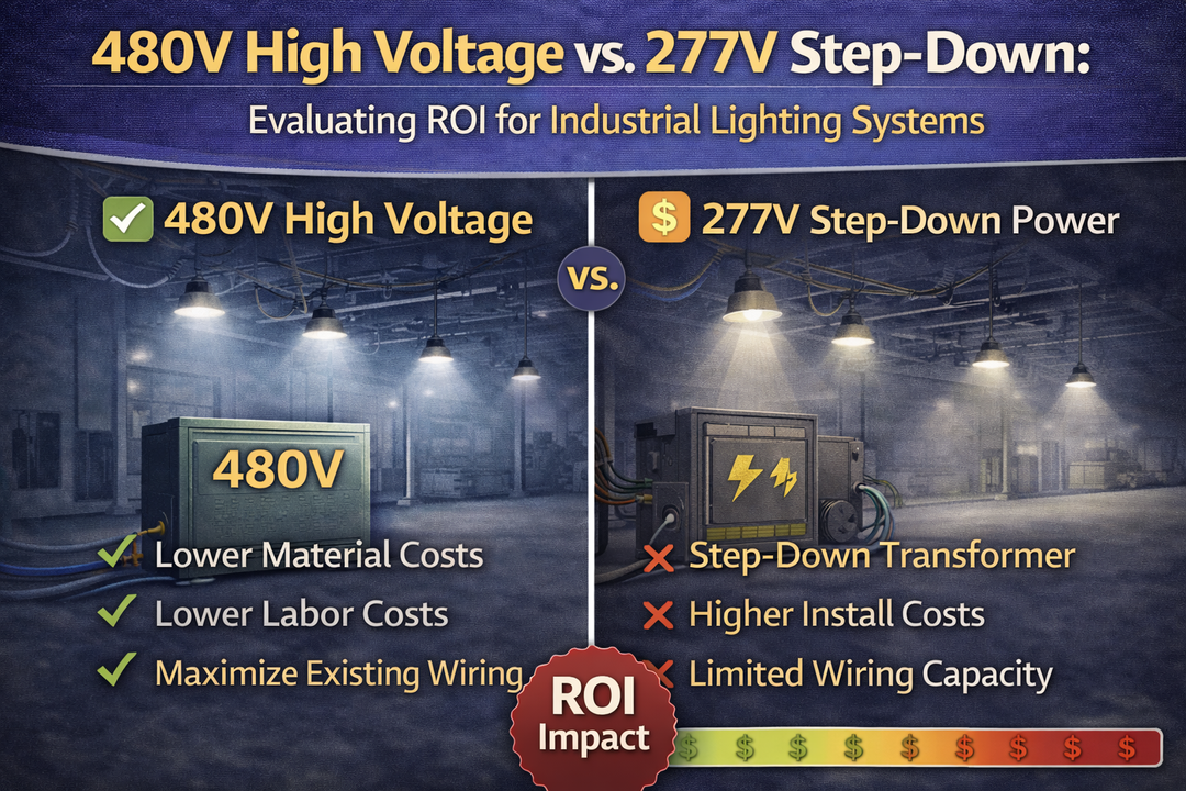 Side-by-side comparison of 480V high-voltage lighting and 277V step-down power systems illustrating cost, wiring efficiency, and ROI considerations for industrial lighting installations