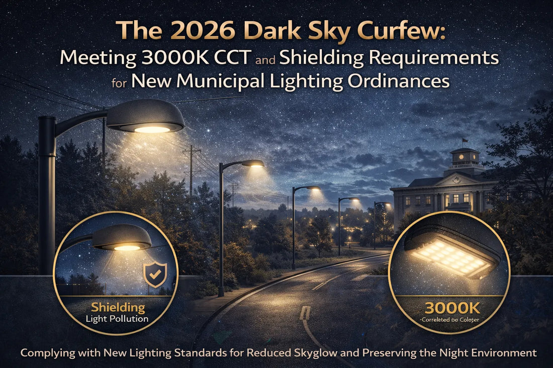 Dark Sky compliant municipal street lighting showing shielded LED fixtures with 3000K color temperature to reduce skyglow and meet new lighting ordinances.