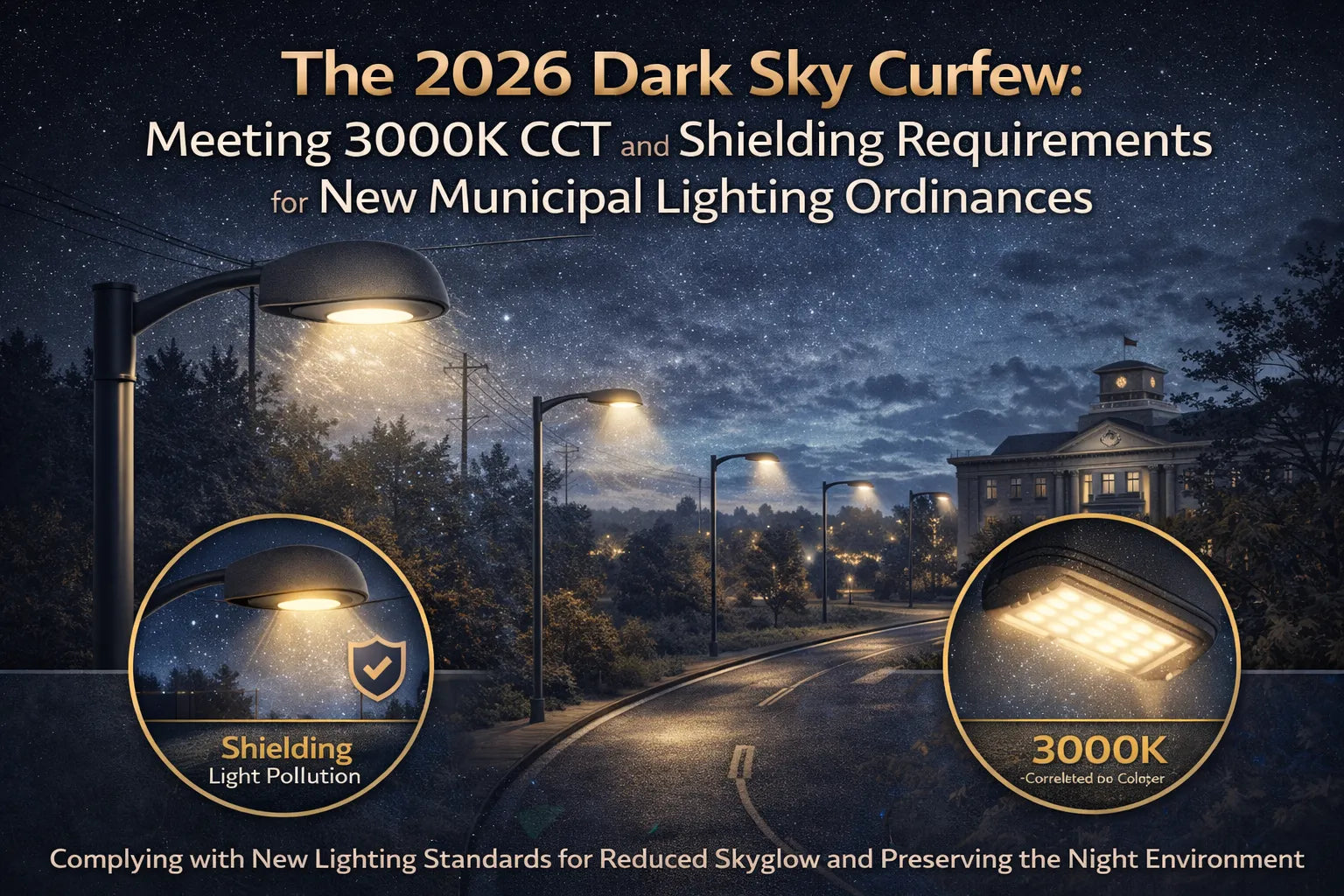 Dark Sky compliant municipal street lighting showing shielded LED fixtures with 3000K color temperature to reduce skyglow and meet new lighting ordinances.