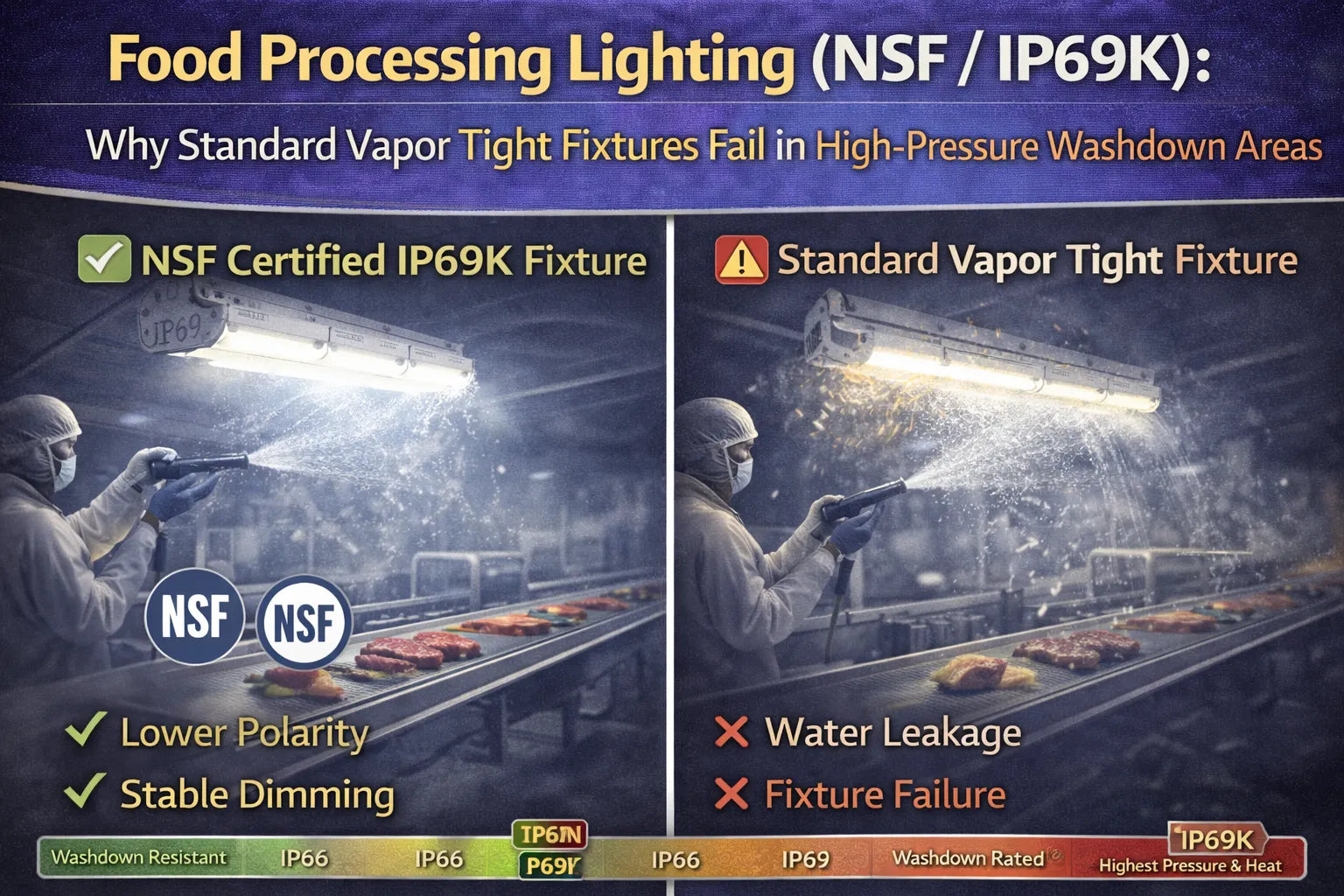 Comparison of NSF-certified IP69K LED fixtures and standard vapor tight lights in a food processing washdown area showing why non-IP69K fixtures fail under high-pressure cleaning