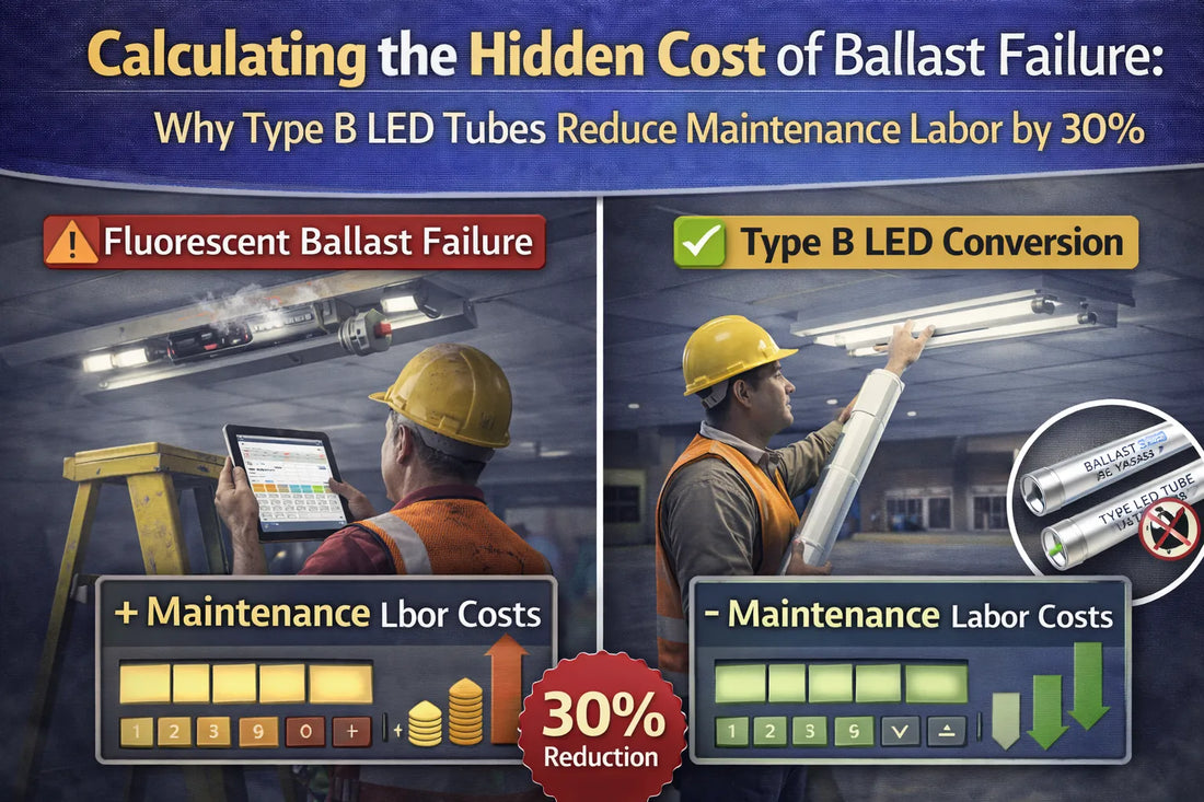 Comparison illustrating fluorescent ballast failure versus Type B LED tube conversion, showing reduced maintenance labor and lower long-term operating costs in commercial lighting systems