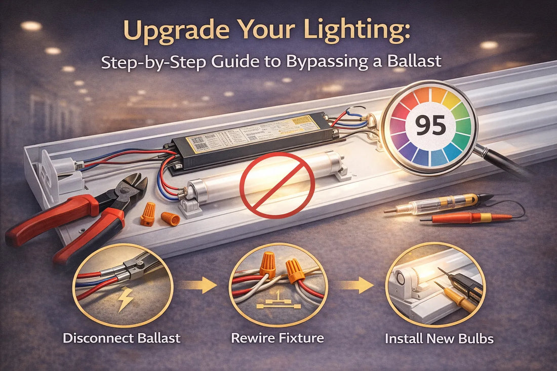 Step-by-step infographic showing how to bypass a ballast when upgrading fluorescent fixtures to LED lighting