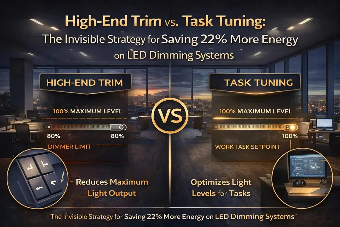Comparison of high-end trim and task tuning in LED dimming systems, showing how optimized light setpoints reduce energy use while maintaining task-level illumination.