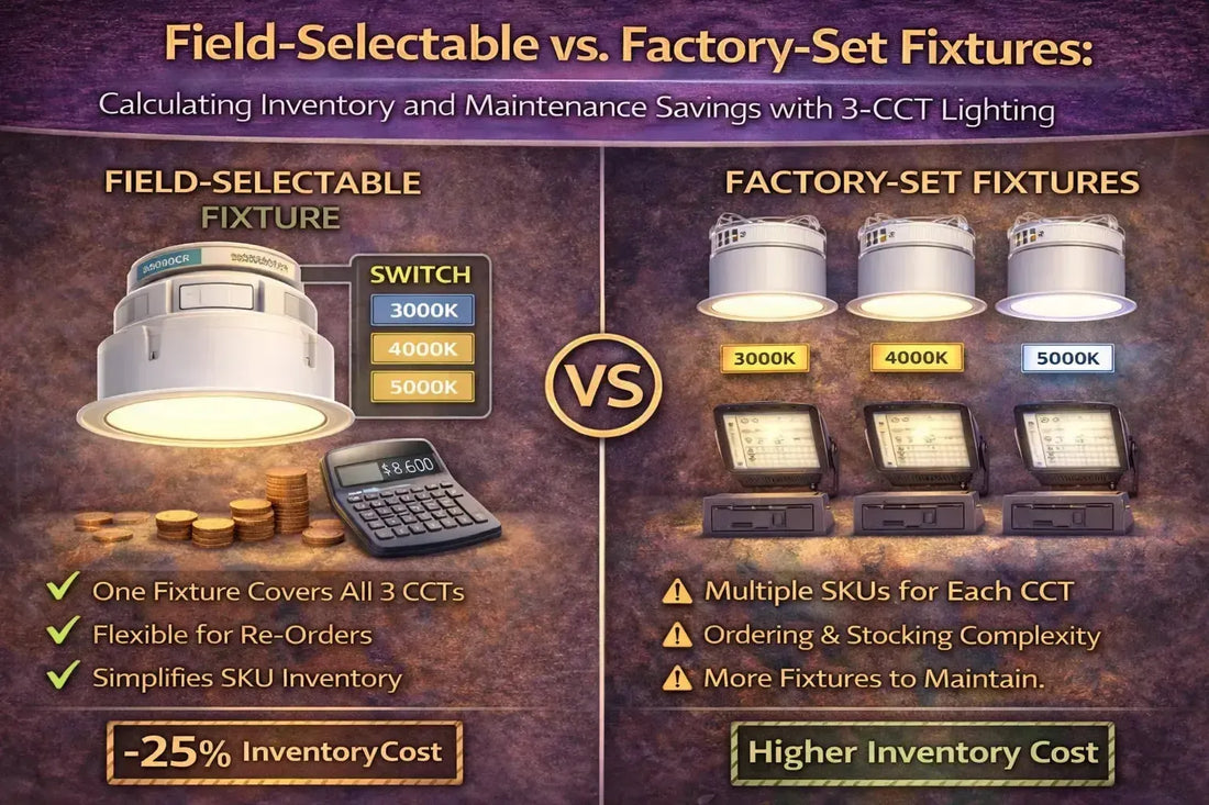 Lighting fixture comparison showing field-selectable 3-CCT fixtures versus factory-set fixtures, illustrating how adjustable color temperature reduces SKU inventory, simplifies maintenance, and lowers long-term lighting costs