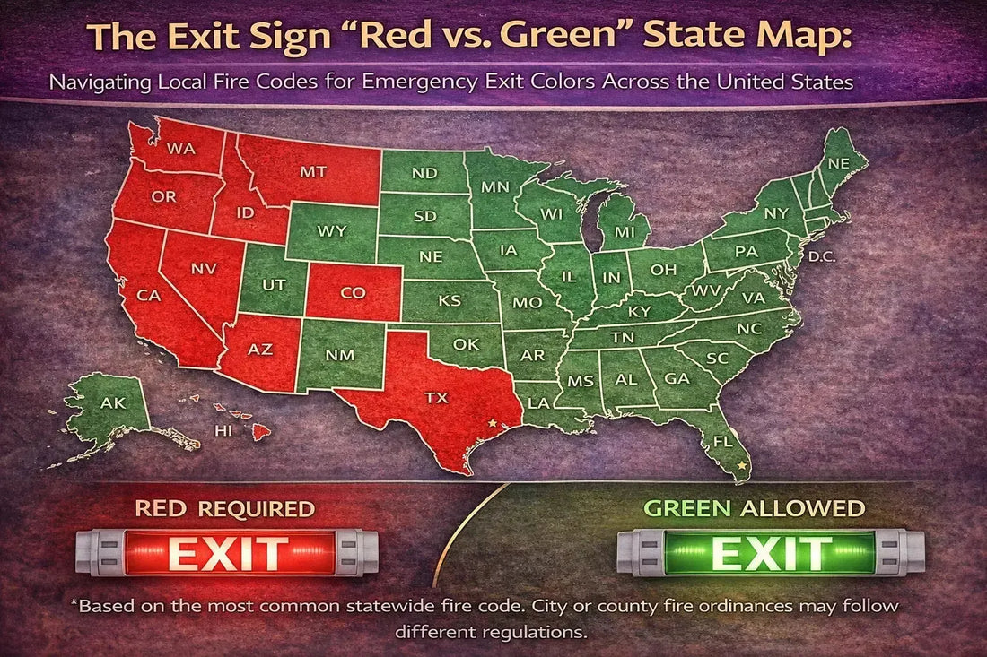 United States state map showing where red exit signs are required versus where green exit signs are allowed, illustrating how local fire codes affect emergency exit color selection across different states