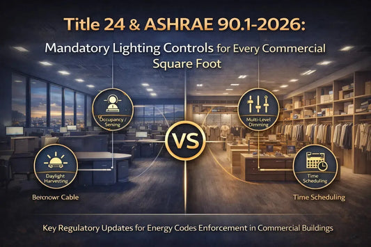 Infographic showing mandatory lighting control requirements under Title 24 and ASHRAE 90.1-2026, including occupancy sensing, daylight harvesting, multi-level dimming, and time scheduling in commercial spaces.