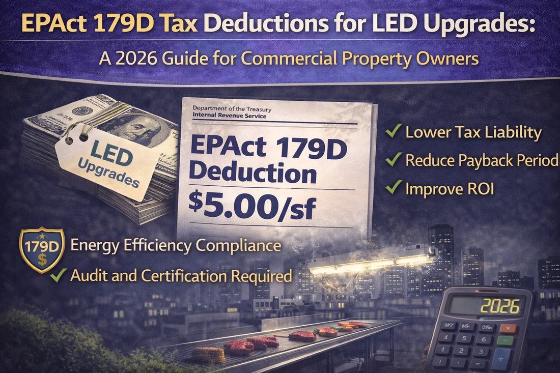 Infographic explaining EPAct 179D tax deductions for LED lighting upgrades, showing potential dollar-per-square-foot savings and ROI benefits for commercial property owners in 2026