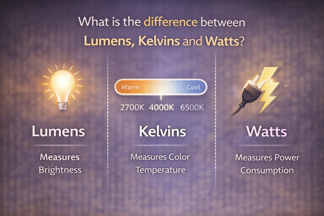 Infographic explaining the difference between lumens, kelvins, and watts, showing brightness, color temperature, and power consumption
