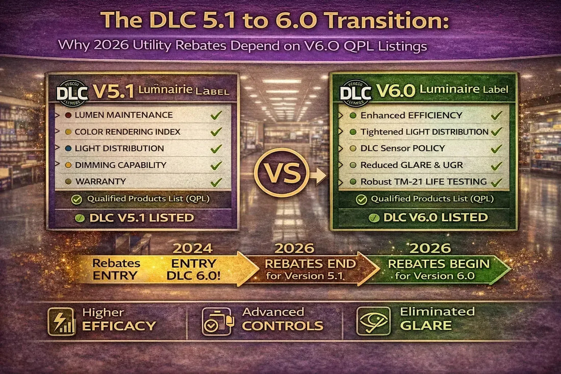 Infographic illustrating the transition from DLC 5.1 to DLC 6.0 lighting requirements, showing why 2026 utility rebates depend on products listed on the DLC V6.0 Qualified Products List