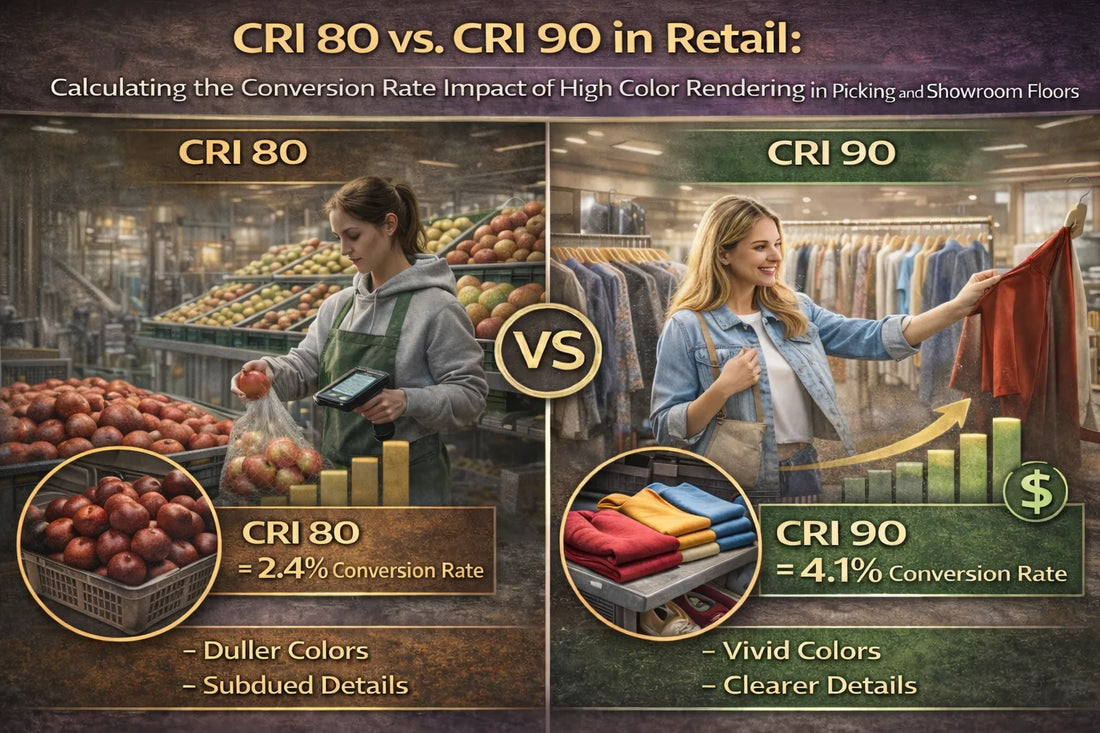 Side-by-side comparison of CRI 80 and CRI 90 retail lighting showing dull red apples under CRI 80 and vibrant merchandise under CRI 90, illustrating how higher color rendering improves product appearance and conversion rates on picking and showroom floors