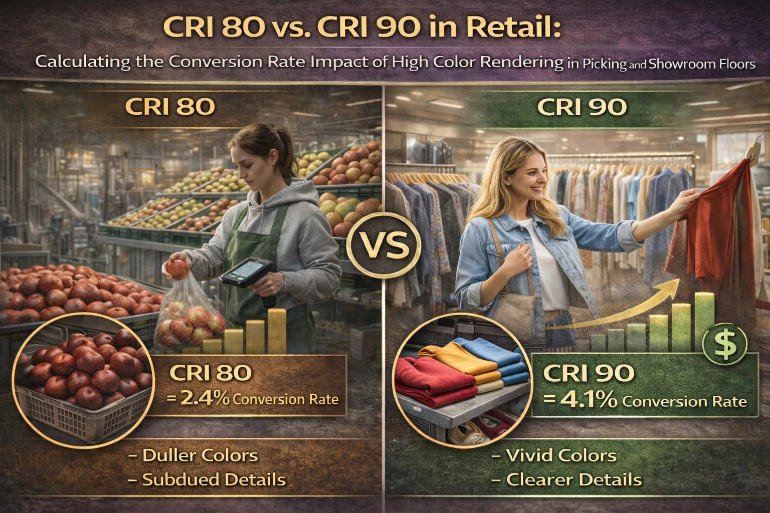 Side-by-side comparison of CRI 80 and CRI 90 retail lighting showing dull red apples under CRI 80 and vibrant merchandise under CRI 90, illustrating how higher color rendering improves product appearance and conversion rates on picking and showroom floors