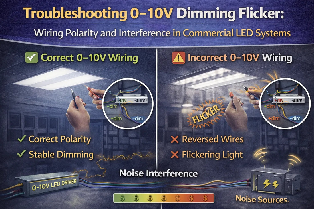 Illustration showing correct and incorrect 0–10V dimming wiring in commercial LED systems, highlighting polarity errors and electrical interference that cause flickering