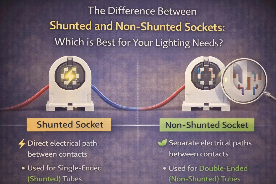 Infographic comparing shunted and non-shunted lamp sockets, showing electrical path differences and LED compatibility