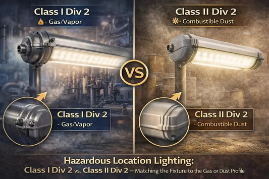 Side-by-side comparison of hazardous location LED fixtures showing Class I Division 2 lighting for gas and vapor environments versus Class II Division 2 lighting for combustible dust environments in industrial facilities