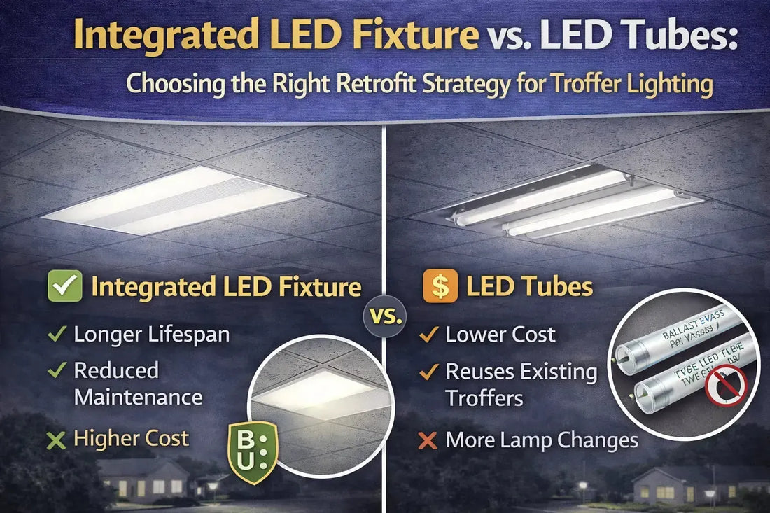 Side-by-side comparison of integrated LED troffer fixtures and LED tube retrofits highlighting differences in lifespan, maintenance, and retrofit strategy for commercial lighting systems