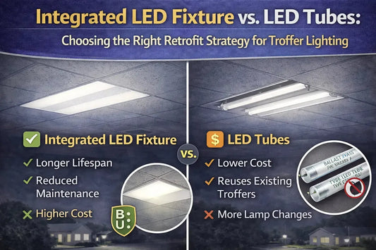 Side-by-side comparison of integrated LED troffer fixtures and LED tube retrofits highlighting differences in lifespan, maintenance, and retrofit strategy for commercial lighting systems
