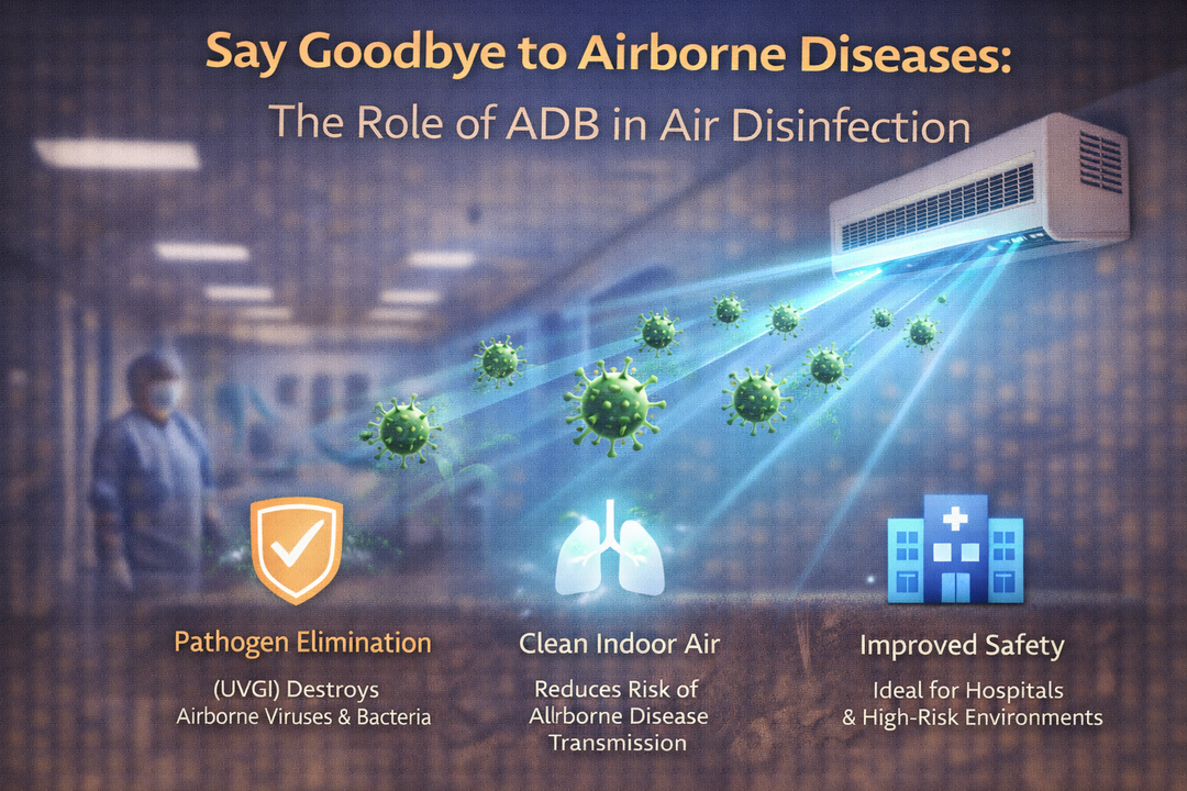 Infographic illustrating the role of ADB air disinfection in reducing airborne diseases, showing pathogen elimination and improved indoor air safety