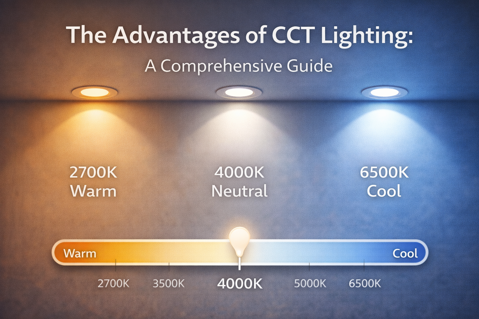 Illustration showing the advantages of CCT lighting with warm, neutral, and cool color temperature options labeled from 2700K to 6500K