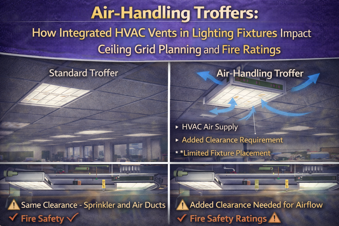 Comparison of standard troffers and air-handling troffers with integrated HVAC vents showing airflow paths, ceiling grid planning considerations, and fire rating impacts in commercial buildings