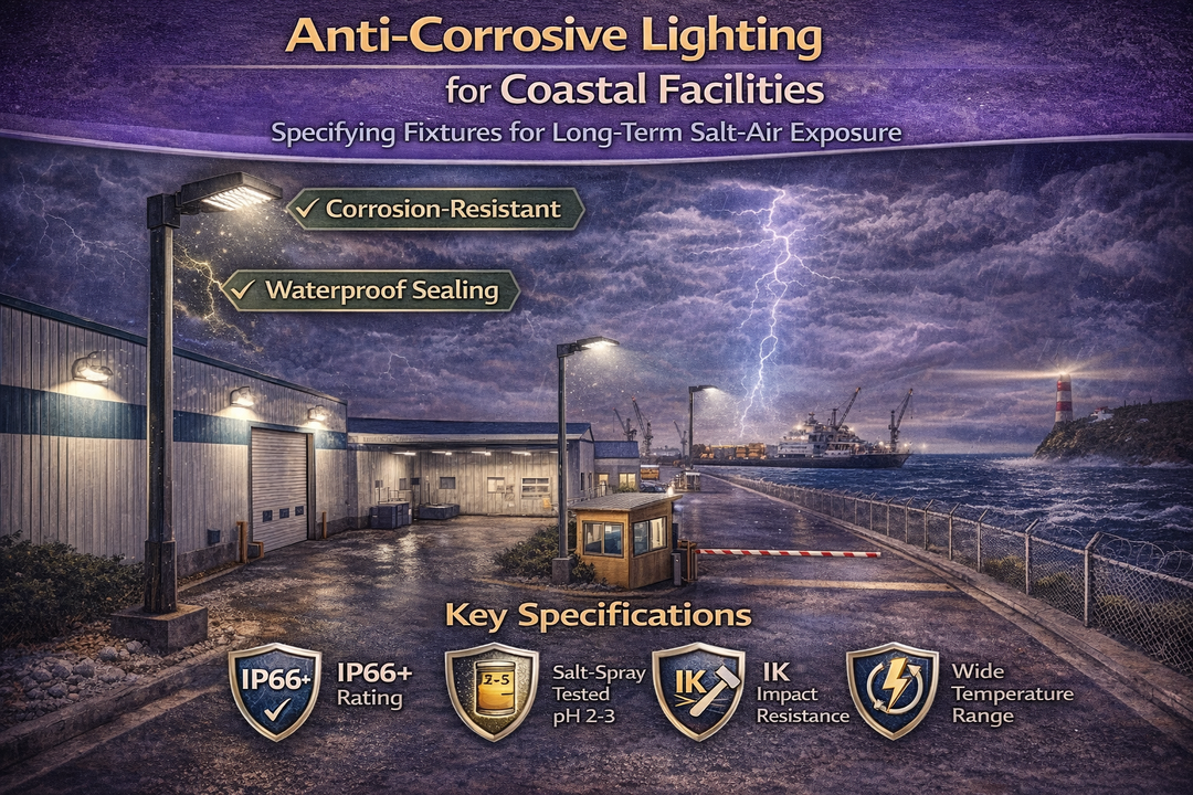 Anti-corrosive LED lighting installed at a coastal industrial facility showing corrosion-resistant fixtures designed to withstand long-term salt-air exposure, moisture, and harsh marine conditions