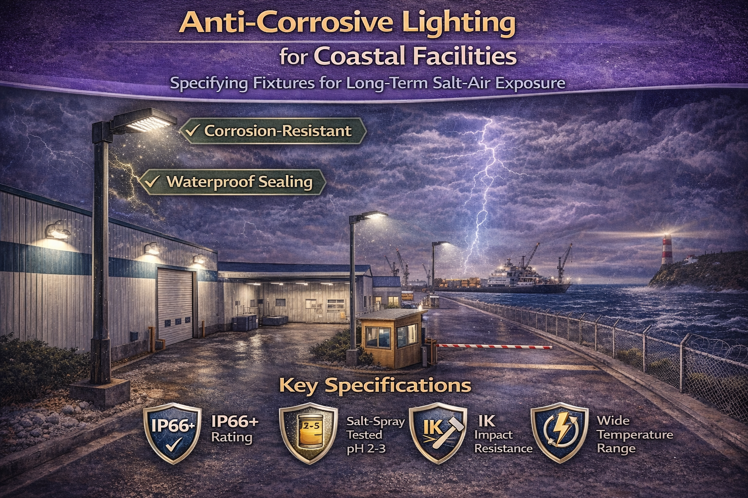 Anti-corrosive LED lighting installed at a coastal industrial facility showing corrosion-resistant fixtures designed to withstand long-term salt-air exposure, moisture, and harsh marine conditions