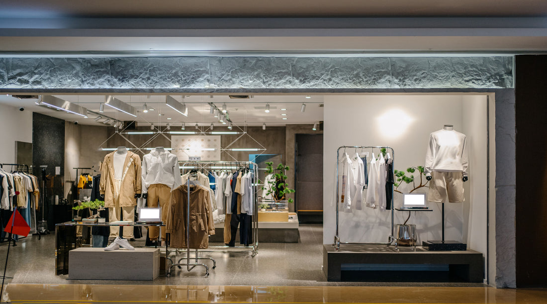 Architectural linear and track lighting shown in retail store located inside shopping mall