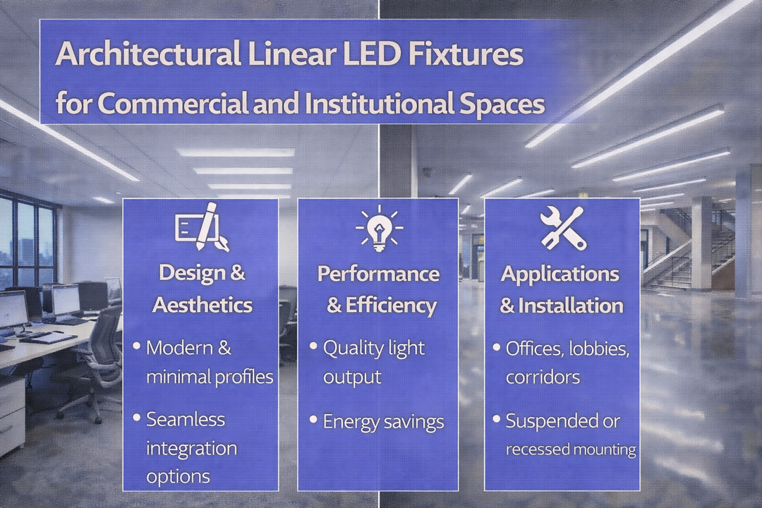 Architectural linear LED fixtures installed in commercial offices and institutional spaces to provide continuous, uniform illumination