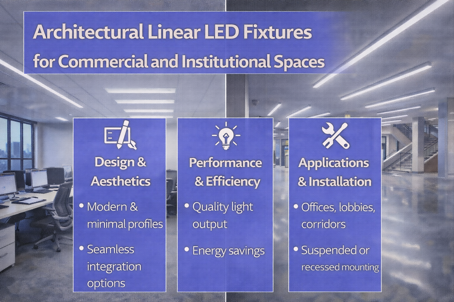 Architectural linear LED fixtures installed in commercial offices and institutional spaces to provide continuous, uniform illumination
