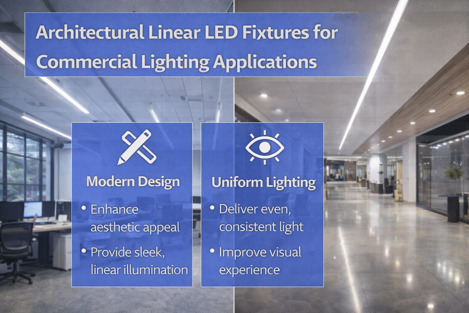 Architectural linear LED fixtures installed in commercial office and lobby environments to provide uniform linear illumination
