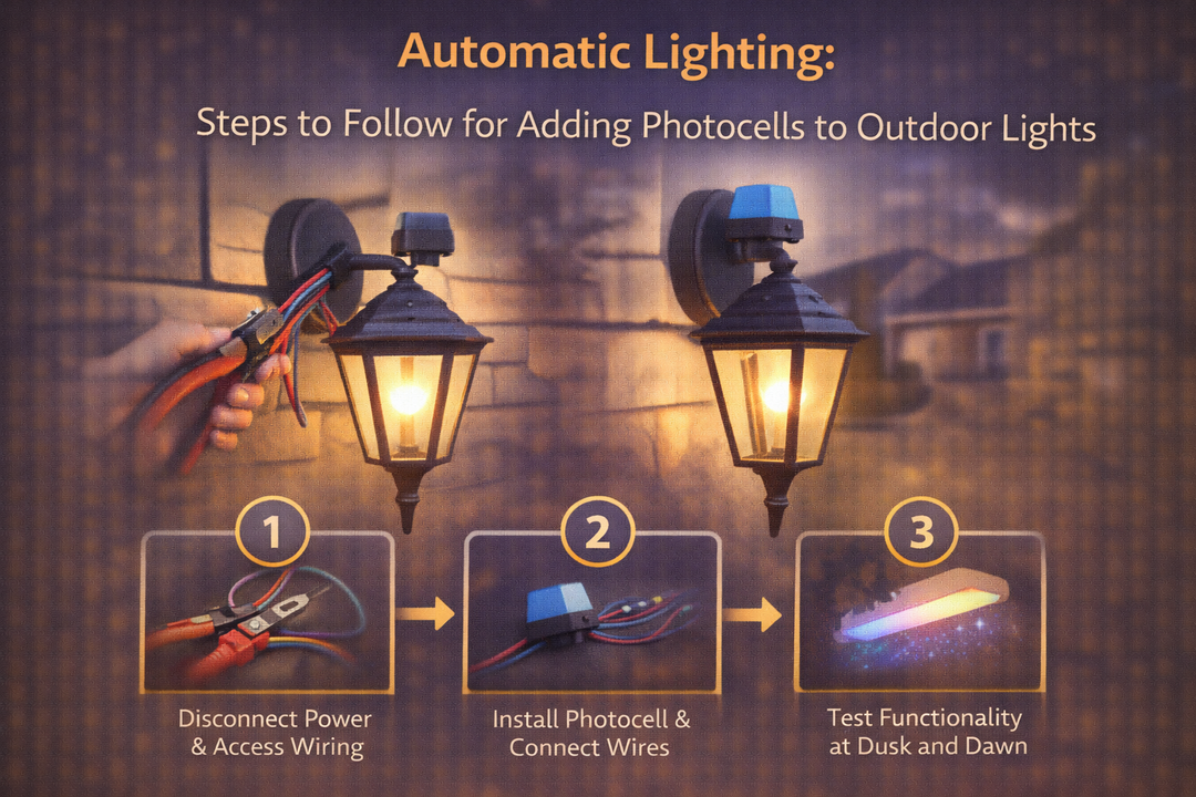 Step-by-step infographic showing how to add photocells to outdoor lights for automatic dusk-to-dawn operation