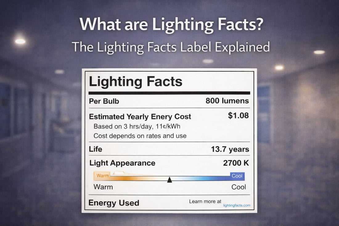 Educational graphic explaining the Lighting Facts label, showing brightness, energy cost, lifespan, color temperature, and energy use