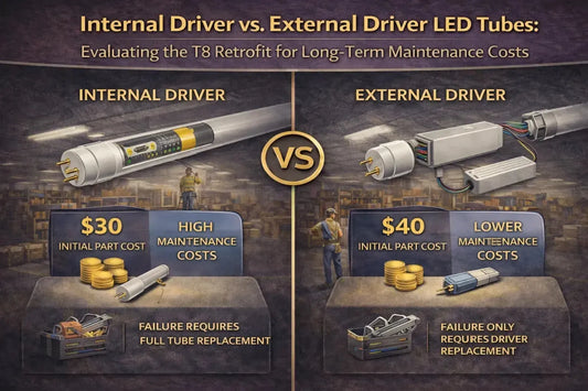 Comparison of internal driver and external driver T8 LED tubes showing differences in maintenance and replacement costs