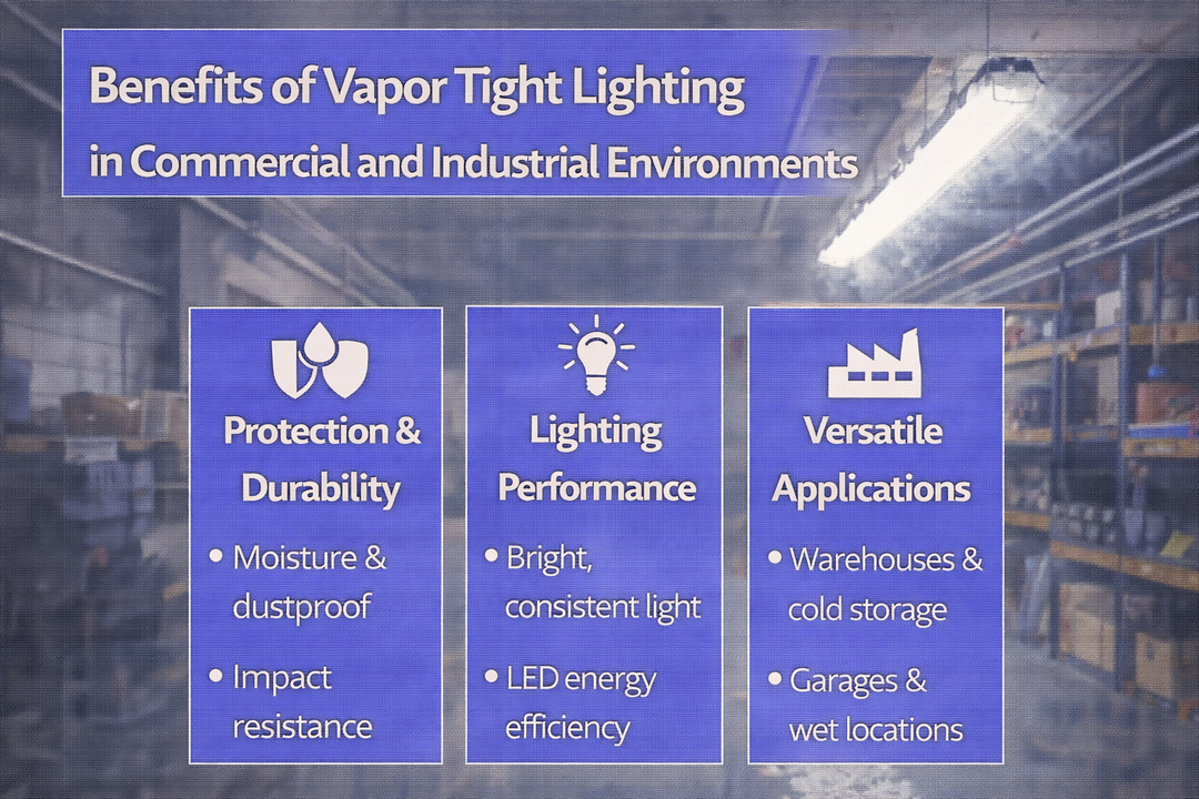 Vapor tight LED lighting installed in commercial and industrial environments to provide sealed, durable illumination in demanding conditions