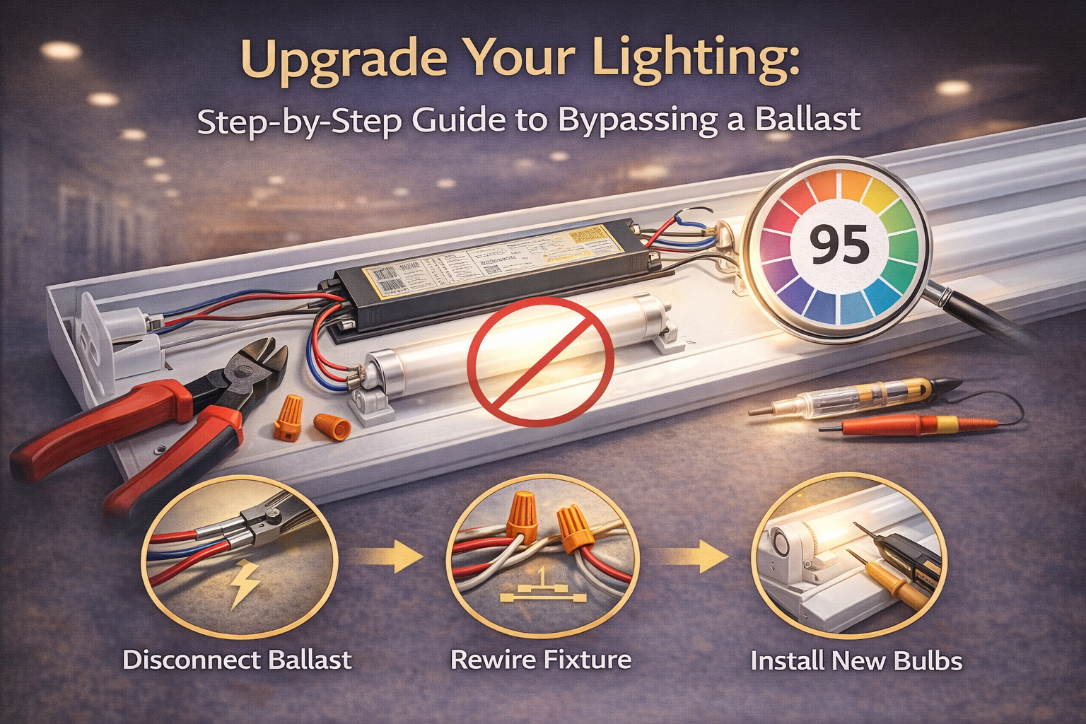 Step-by-step infographic showing how to bypass a ballast when upgrading fluorescent fixtures to LED lighting