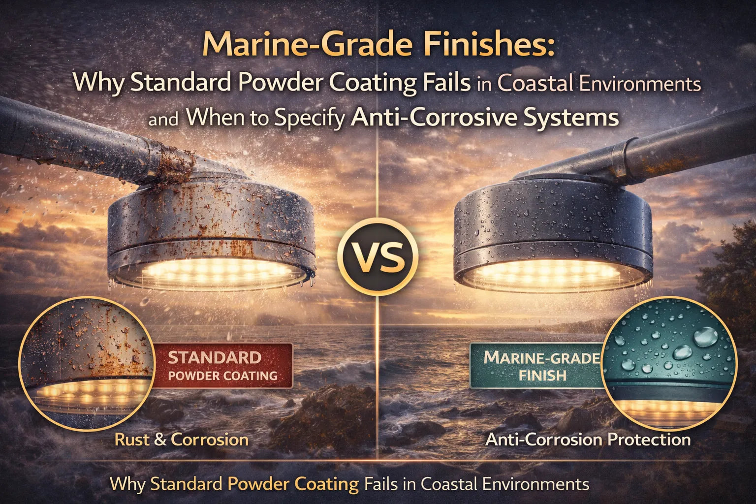 Comparison of marine-grade and standard powder-coated lighting finishes, showing corrosion failure in coastal environments versus anti-corrosive protection.