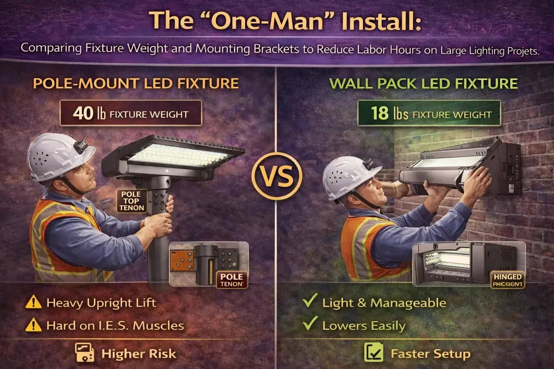 Comparison of LED fixture weight and mounting bracket design showing how lighter wall pack fixtures with hinged mounts enable one-person installation and reduce labor hours compared to heavier pole-mounted fixtures