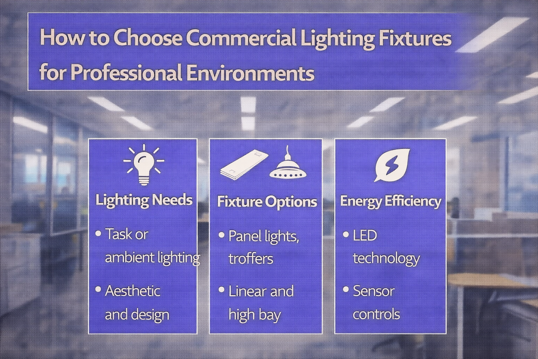 Commercial lighting fixtures installed in professional office environments illustrating selection considerations for task and ambient lighting