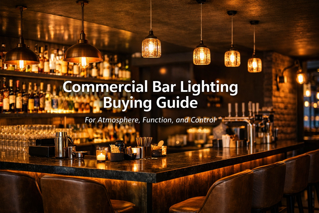Commercial bar lighting design showcasing pendant lights, backlit shelving, and warm ambient illumination for atmosphere, function, and lighting control in a professional bar setting
