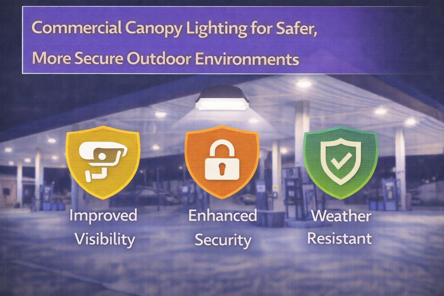 Commercial canopy lighting installed at fuel stations and covered outdoor areas to improve visibility and support safer, more secure environments